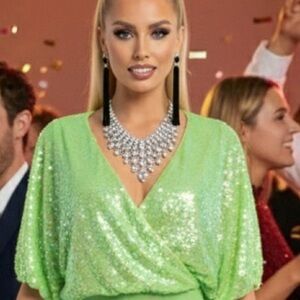 Bright Green Sequin V-Neck Blouse